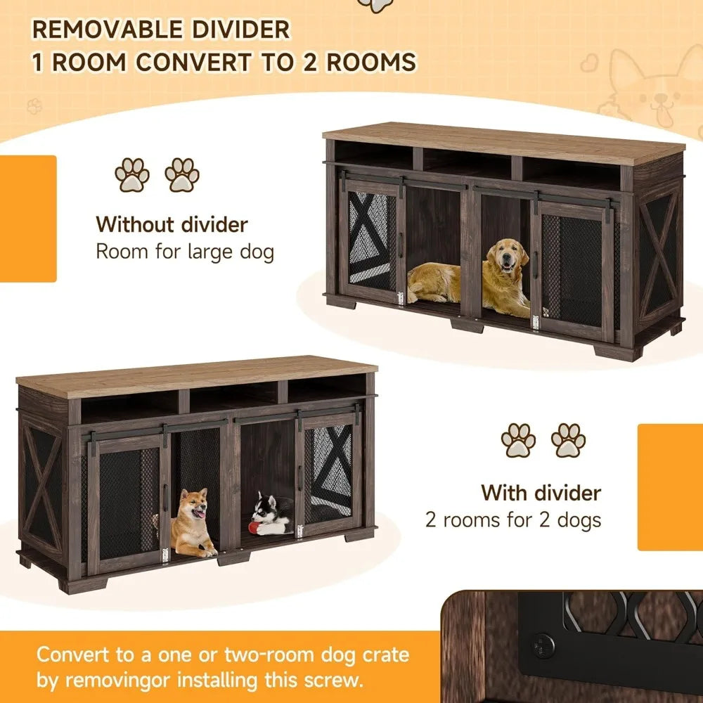 71" Dog Crate Furniture for 2 Dogs, Dog Kennel with 3 Storage Drawers & Removable Divider, Extra Large Double Dog Cage As TV Sta